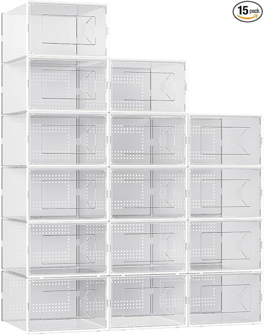 Foluck X-Large Shoe Storage Box, 15 Pack Clear Plastic Stackable Shoe Organizer for Closet, Interlocking Design Shoe Container Bins for Sneakers, Foldable Shoe Rack with Lids, White by Foluck