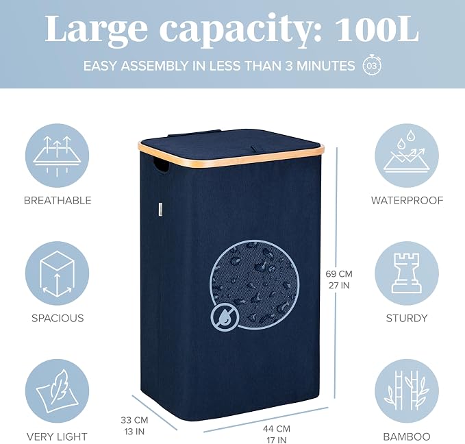 LONBET Laundry Basket with Lid, Made from Breathable Fabric | Aesthetic Clothes Hampers for Laundry with Side Handles & Sturdy Bamboo Frame (26 Gallons - Single, Blue) - Image 3