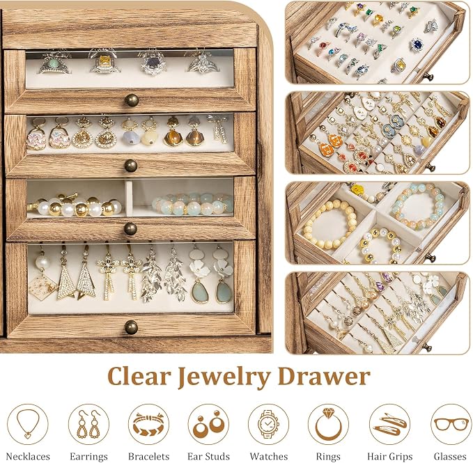 Large Jewelry Box & Organizer for Women, Wooden Jewelry Storage with 4 Transparent Drawers, Holds Necklaces, Rings, Bracelets, Earrings and Watches(Brown) - Image 4