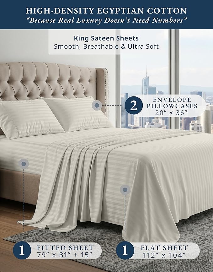 LANE LINEN Striped Sheets Set - 100% Egyptian Cotton 4 Piece Bed for King Size Hotel Bedding & Pillowcases 16" Deep Pocket (Fits Upto 17" Mattress) Silver
