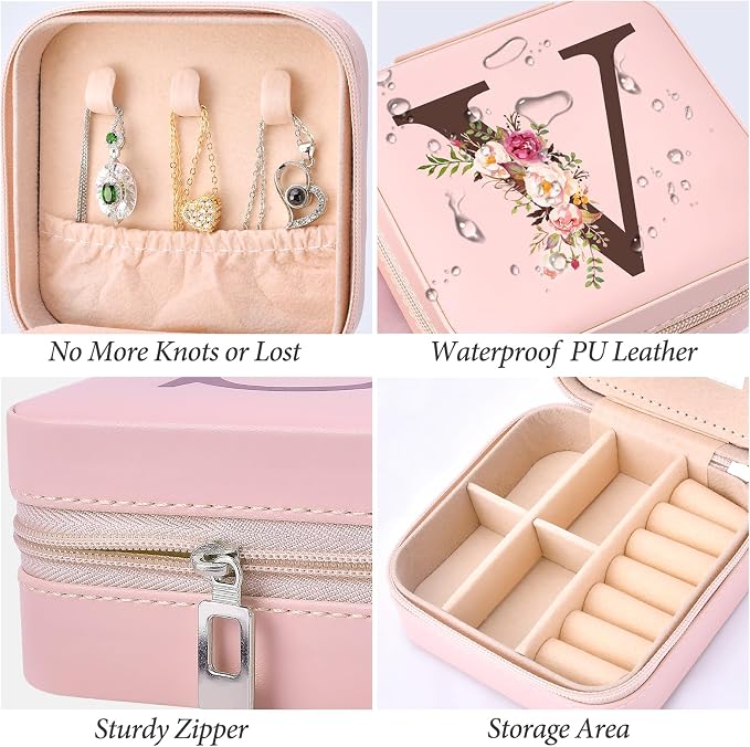Small Travel Jewelry Case for Women, Initial Travel Jewelry Case Box Organizer Personalized Gifts, Fashion Travel Essentials Trendy Stuff for Teen Girls, Pink V - Image 3