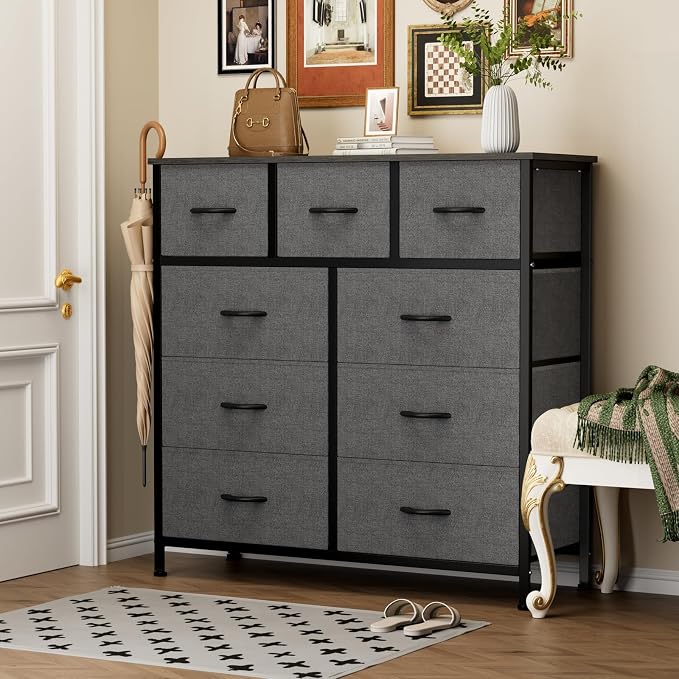 Sweetcrispy 9-Drawer Fabric Dresser Storage Tower with Wood Top and Steel Frame, Organizer Chest with Easy Pull Handles for Bedroom, Closet, Hallway,Modern Gray - Image 2