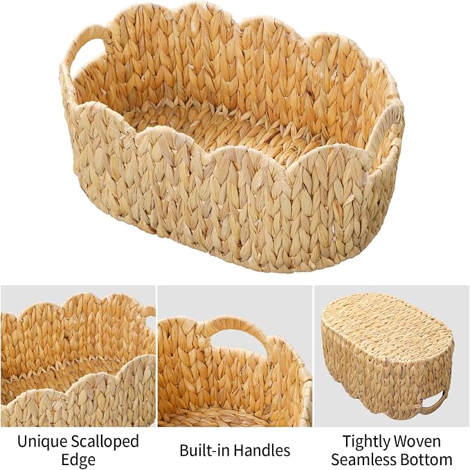 Coeusy Scalloped Basket Set of 2,Water Hyacinth Basket for Organizing and Decor,Hand-Woven Wicker Storage Baskets with Built-In Handles for Nursery,Gift,Laundry - Image 9