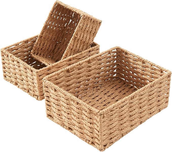 Small Wicker Basket for Organizing, Woven Storage Basket Set of 3 - Handwoven Natural Paper Rope Baskets to Declutter Any Room, Perfect for Organizing and Home Decor - Image 7