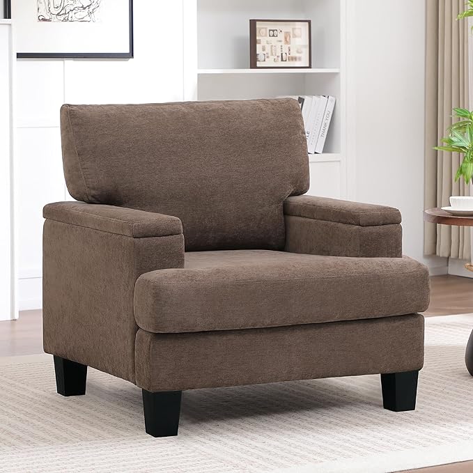 Accent Chair with Storage Armrest, Modern Upholstered Living Room Chairs, Comfy Large Armchair, Fabric Single Sofa ReadingChair for Bedroom, Dark Brown