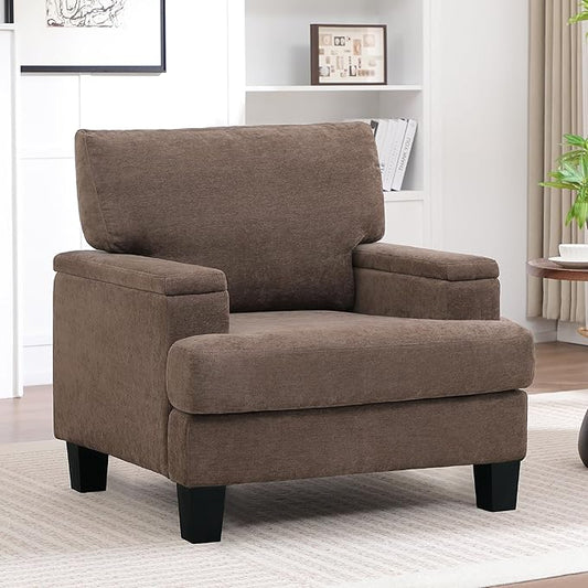 Accent Chair with Storage Armrest, Modern Upholstered Living Room Chairs, Comfy Large Armchair, Fabric Single Sofa ReadingChair for Bedroom, Dark Brown