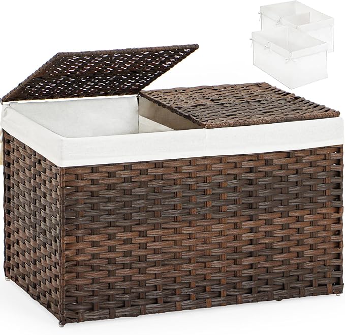 SETVSON Storage Basket with Lid Wicker Baskets for Storage with 2 Separate Lid 42.3 Gallon (160 L) 29.9 x 17.3 x 18.1 Inches Rattan Woven Large Wicker Basket with 2 Liners for Bedroom Laundry Brown by SETVSON