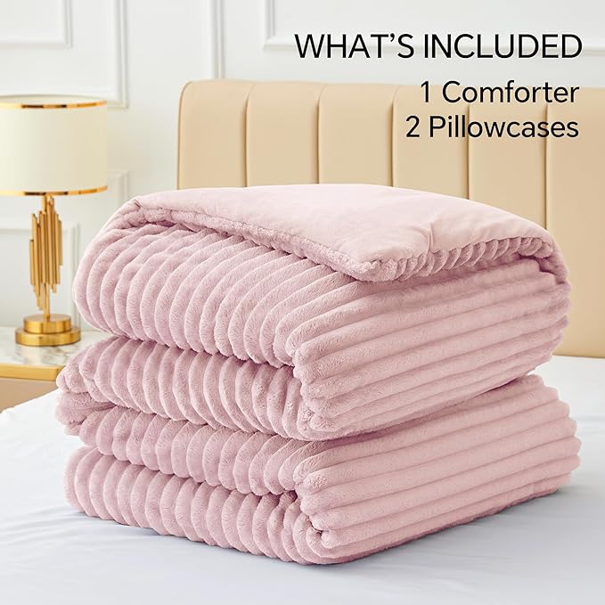 BEDELITE Fleece Queen Comforter Set -Super Soft & Warm Fluffy Pink Bedding, Luxury Fuzzy Heavy Bed Set for Winter with 2 Pillow Cases