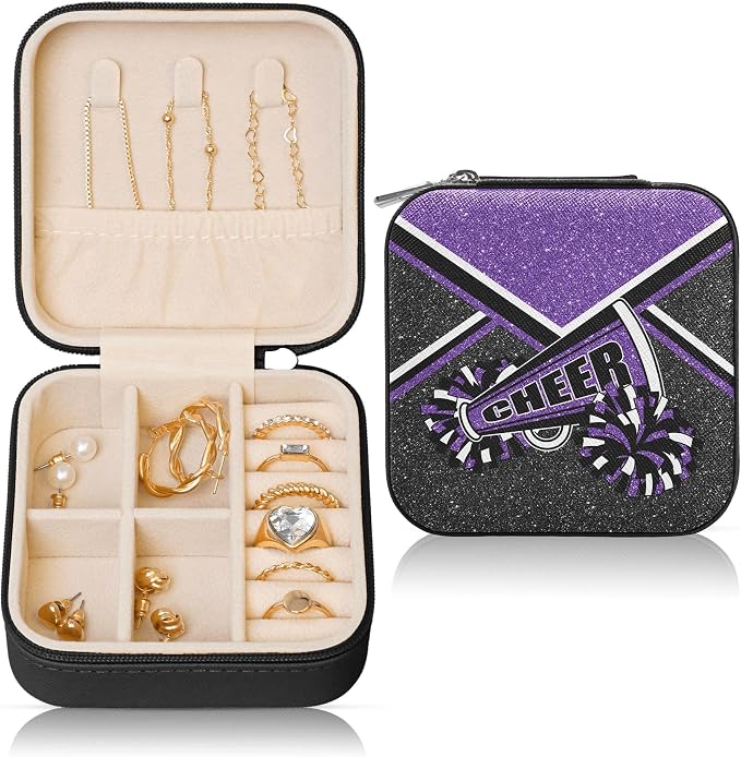 Cheerleader Travel Jewelry Case, Cheer Travel Jewelry Box for Women, Mini Jewelry Travel Case for Cheer Team, Cheerleader Gifts for Girls (Purple) by Corxiren