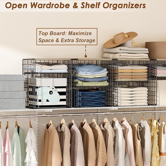 4-Tier Stackable Closet Organizers and Storage, Adjustable Dividers & Wood Top Storage Shelves for Clothes, Wardrobe & Closet Storage Basket Bins/Cube, Space-Saving Closet Organizer System, Black - Image 6