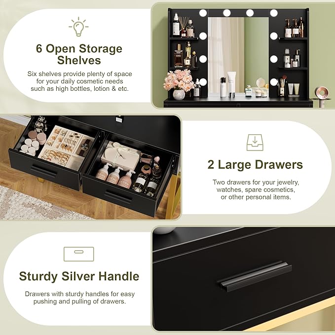 YESHOMY Vanity Desk with Mirror, Makeup Table with 2 Large Drawers, Power Outlet and Round Holder, 3 Color Modes Adjustable Bulb, Pure Black & Golden
