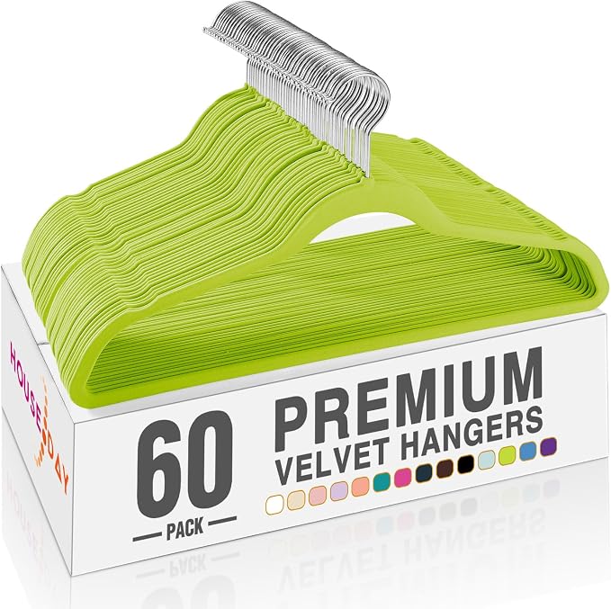 HOUSE DAY Vibrant Green Velvet Hangers 60 Pack, Non Slip Clothes Felt Hanger Heavy Duty for Coat, Premium Slim Space Saving Suit Hangers for Closet Organizer, 360° Rotating Silver Hook by HOUSEDAY