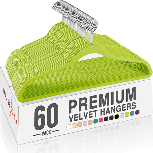 HOUSE DAY Vibrant Green Velvet Hangers 60 Pack, Non Slip Clothes Felt Hanger Heavy Duty for Coat, Premium Slim Space Saving Suit Hangers for Closet Organizer, 360° Rotating Silver Hook by HOUSEDAY