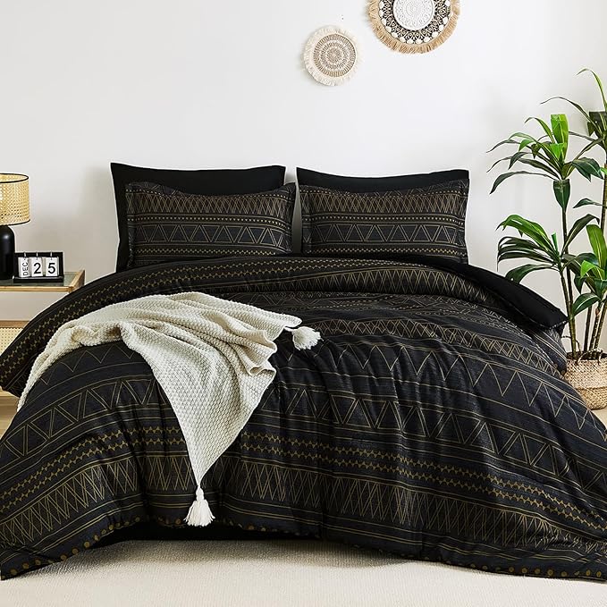 WONGS BEDDING Queen Comforter Set 7 Pieces, Boho Black Gold Geometric Striped Comforter for Queen Bed in a Bag, Soft Microfiber Bedding Set with Pillowcases, Flat Sheet, Fitted Sheet, Pillow Shams