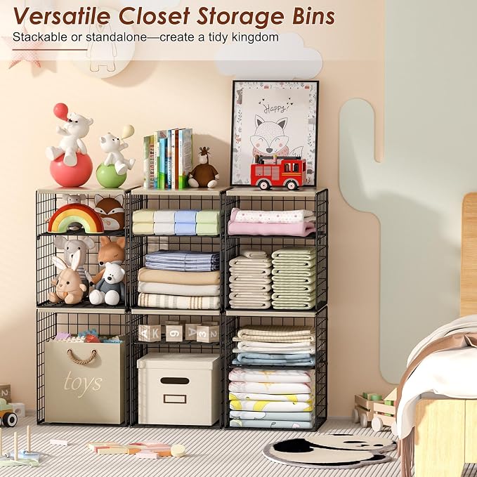 4-Tier Stackable Closet Organizers and Storage, Adjustable Dividers & Wood Top Storage Shelves for Clothes, Wardrobe & Closet Storage Basket Bins/Cube, Space-Saving Closet Organizer System, Black - Image 9