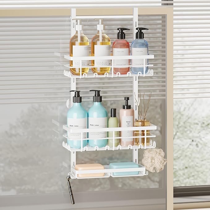 SWTYMIKI Over The Door Shower Caddy - 3 Tier Rustproof Hanging Shower Organizer with Adjustable Shelves, 28 Hooks & Soap Holder, Hanging Shower Rack Storage for Bathroom Accessories, White by SwtyMiki-TidyHomeSweetLife