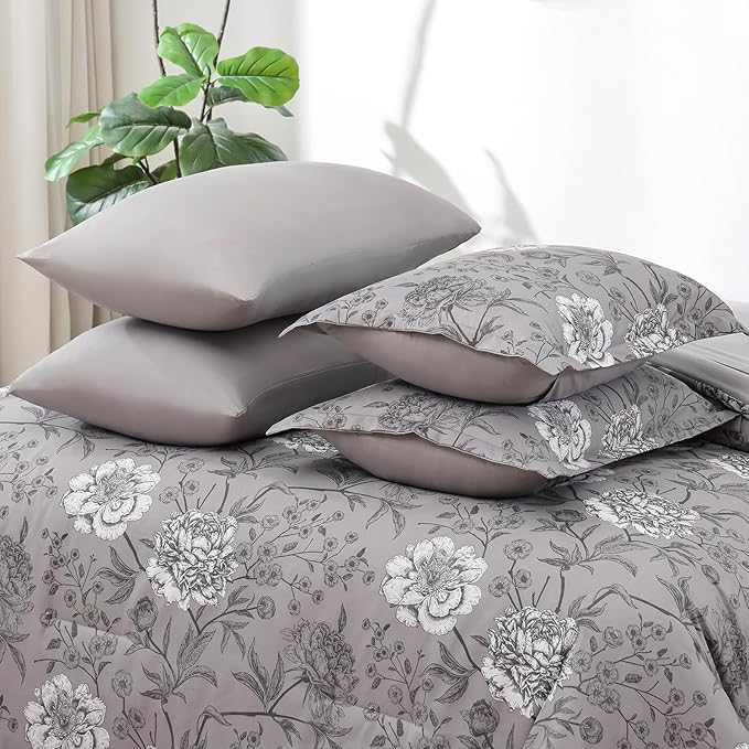 Yiran 7 Piece Bed in a Bag Queen Grey Comforter Set White Floral Bedding Set Flower Leaves Botanical Soft Microfiber Comforter with Flat Sheet Fitted Sheet for All Season(Queen 90"×90")