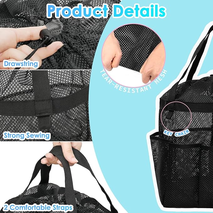 Fammart Mesh Shower Caddy Portable with Drawstring, Dorm Room Essentials for College Girls Guys, 8-Pocket Extra Large Shower Bag Basket Tote for Camping Beach Gym Travel Toiletry Bathroom - Image 5