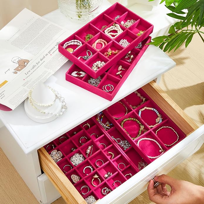 Junkin 12 Pcs Jewelry Tray Velvet Stackable Jewelry Organizer Trays Divided Earring Accessories Storage Containers Box (Rose Red) - Image 4