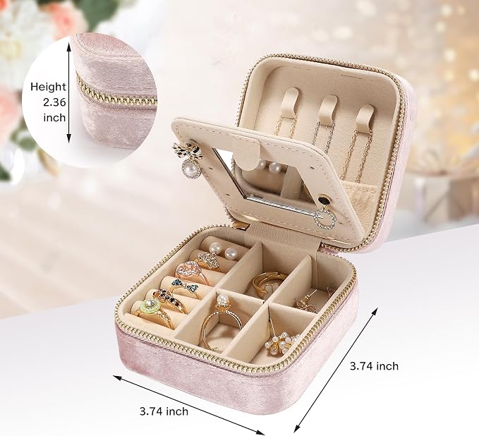Plush Velvet Travel Jewelry Box for Women & Girls - Small Portable Organizer, Storage Case for Rings, Earrings, Necklaces & Bracelets – Ideal Gift for Travel & Occasions (Gray pink) - Image 2