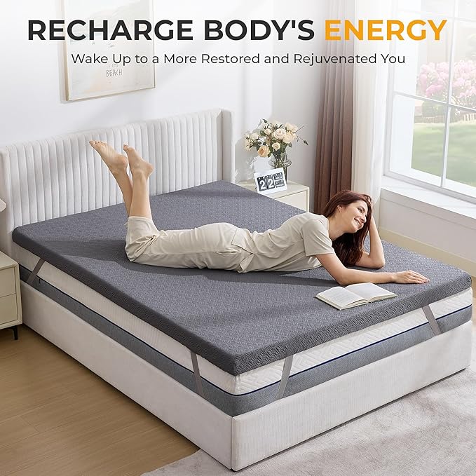 BDEUS 2 Inch Mattress Topper King Size, Soft Memory Foam for Back Pain Relief, Breathable Bed Topper with Dark Grey Cover, CertiPUR-US Certified