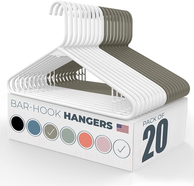Neaties Plastic Hangers 20 Pack - Made in the USA - 6lb Capacity Standard Clothes Hangers with Strap Hooks for Dresses, Lingerie, Shirts, Pants, and Jackets - White & Gray by NeatiesHangers