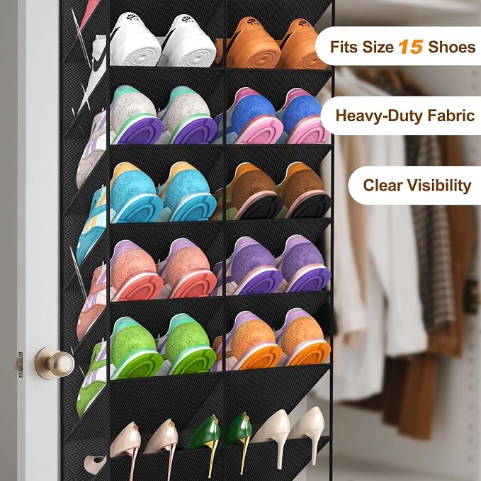 UVIAHOMI 20-30 Pairs Over the Door Shoe Organizer, Clear Pockets Hanging Shoe Storage for Closet, 10-Tier Door Shoes Rack, Handing Shoes Holder Fit All the Family's Sneakers, Boots, Heels, Black - Image 6