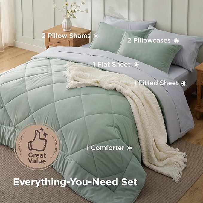 Bedsure California King Comforter Set - 7 Pieces Reversible Sage Green Bedding, California King Size Bed Set for All Seasons, Bed in a Bag with Down Alternative Comforter, Sheets, Pillowcases & Shams
