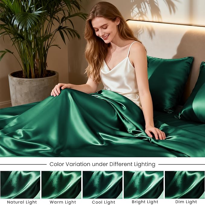 Love's cabin Twin XL Satin Sheet Sets - 3 Piece Dark Green Silky Bed Sheets with Deep Pockets, Luxury Silk Feel Satin Sheet Set Twin XL (1 Flat Sheet,1 Fitted Sheet,1 Pillow case)