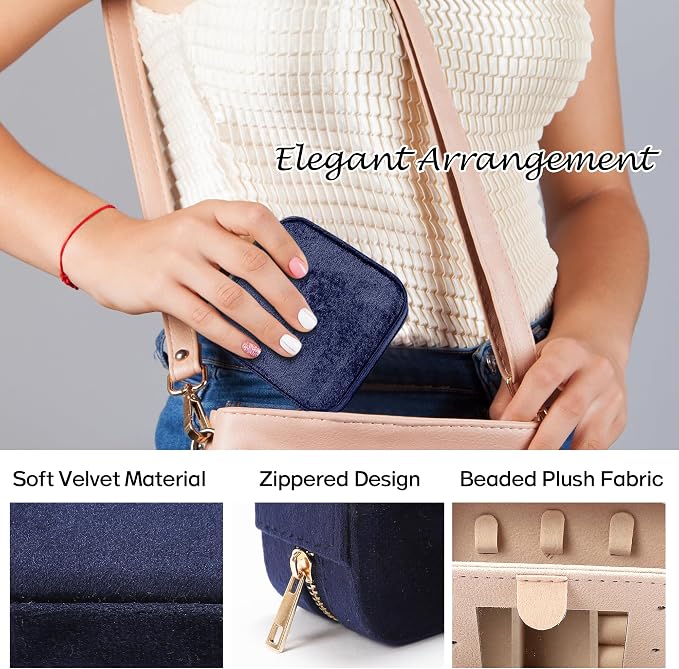 Plush Velvet Travel Jewelry Box for Women & Girls - Small Portable Organizer, Storage Case for Rings, Earrings, Necklaces & Bracelets – Ideal Gift for Travel & Occasions (Dark blue) - Image 4