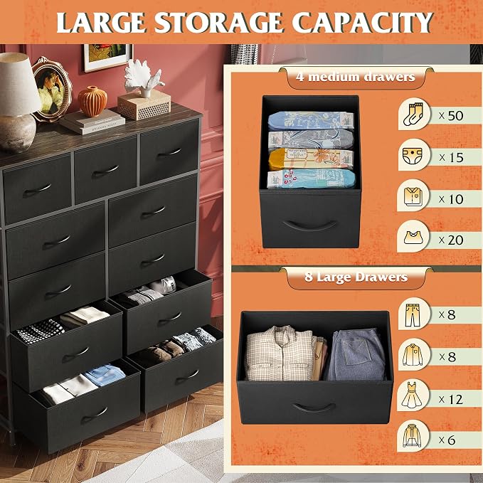 WLIVE Tall Dresser for Bedroom, Fabric Dressers Storage Tower, Dresser & Chest of Drawers Organizer Unit with 11 Drawers, Storage Cabinet, Hallway, Closets, Steel Frame, Wood Top, Charcoal Black - Image 5