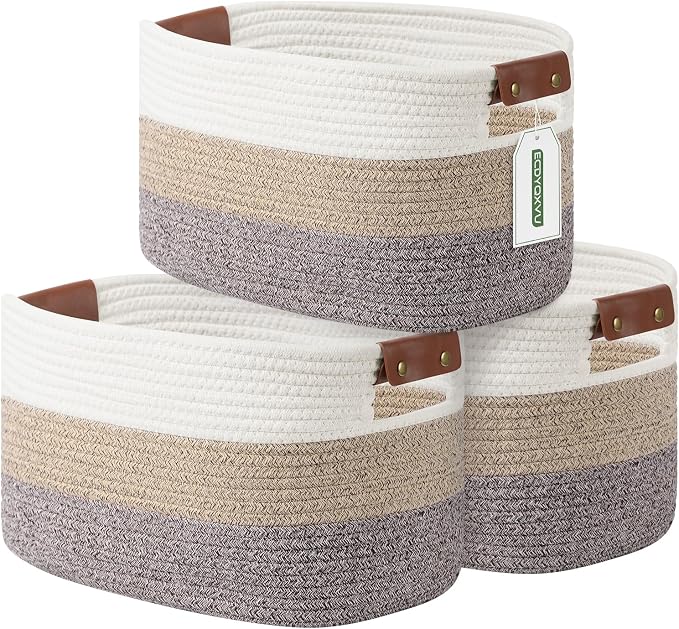 ECDYQXVU Cotton Rope Basket, Storage Baskets with Handle, 15x10x9 Inch Woven Basket for Shelves, Laundry, Towels, Clothes, Books (Gradient Brown 3 Pack) by ECDYQXVU