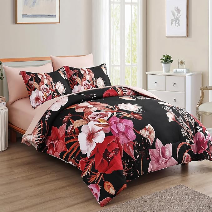 Luxudecor Floral Comforter Set Full Size 7 Piece, Red Flower Bed in a Bag, Elegant Comforter Bedding Set for All Season (Red, 80"x90")