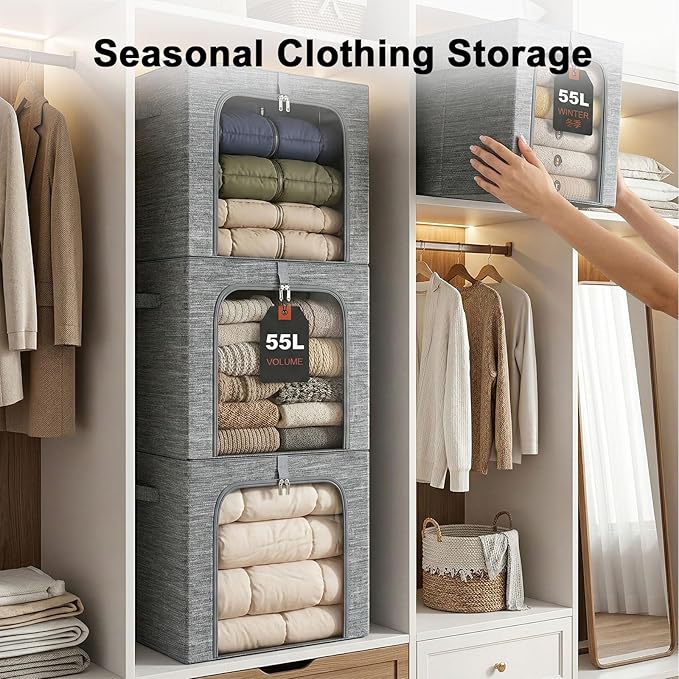 GoMaihe Clothes Storage Bins Metal Frame: 55L Extra Large Stackable Closet Storage Bin with Lid & Clear Window, Heavy Duty Blanket Box for Winter Coats Comforters (Fits Deep Closet 4-Pack) - Image 5