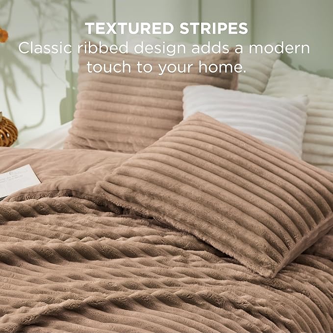 Bedsure King Comforter - GentleSoft™ 3 Pieces Double-Side Fleece Fluffy Warm Taupe Comforter Set, Cozy Striped Room Decor Aesthetic, Luxury King Size Bedding with 2 Pillowcases, 104x90 Inches