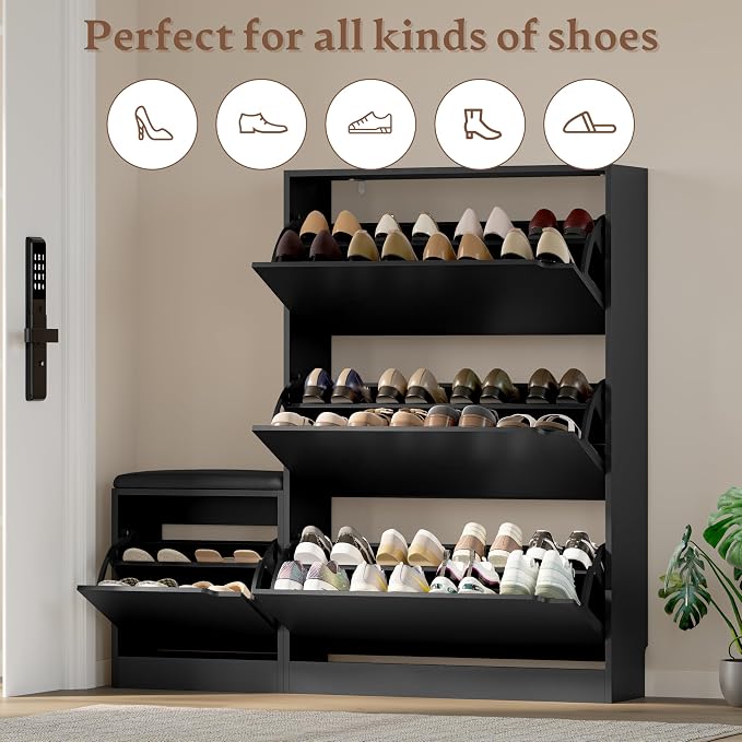 BORNOON Shoe Cabinet with Bench and 3 Flip Drawers, Slim Narrow Shoe Storage Cabinet, Freestanding Shoe Rack Organizer with Adjustable & Removable Shelves, Anti-Tip for Entryway, Hallway, Foyer - Image 4