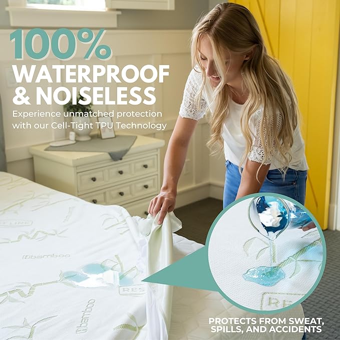 King Size 78x80” Premium Bamboo Waterproof Mattress Protector, 100% Viscose from Bamboo, Hypoallergenic, Cooling Mattress Pad Cover, Soft & Breathable Fitted Sheet Style up to 18" Deep - Rest Line