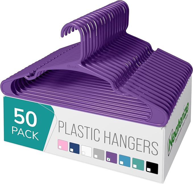 NEATERIZE Clothes Hangers Plastic 50 Pack For Adults - Plastic Hangers, The Perfect Coat Hanger and Space Saving Clothes Hangers for Closet, Percheros Ganchos para Colgar Ropa Hangars - Purple Hangers by Neaterize