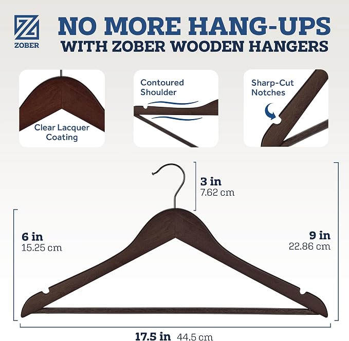 ZOBER Wooden Hangers - Heavy Duty, Non Slip Wood Hangers for Coats, Jackets, Suits, & Pants - Coat Hangers for Closet W/Bar and Notches 20 Pack - Image 3
