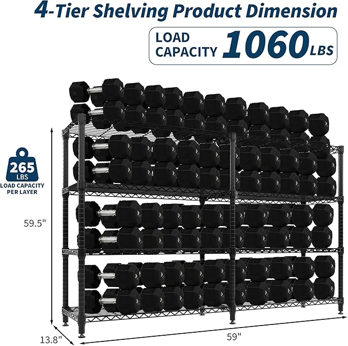 Garvee Storage Shelves 60" W Heavy Duty Metal Shelving Unit, 4-Tier Wire Rack Shelving for Kitchen Garage Storage, Load 1060LBS, Adjustable Wire Shelf for Pantry Room Basement, 13.8" Dx59.5 H, Black - Image 3