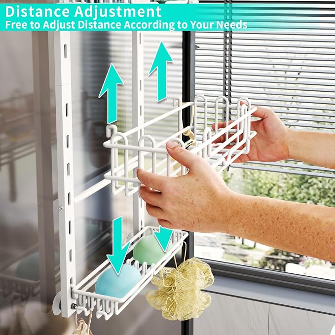 HapiRm 3 Tier Over the Door Shower Caddy, Hanging Shower Caddy with 16 Hooks and 2 Soap Holders, No Drilling Adjustable Hanging Bathroom Organizer - White - Image 2