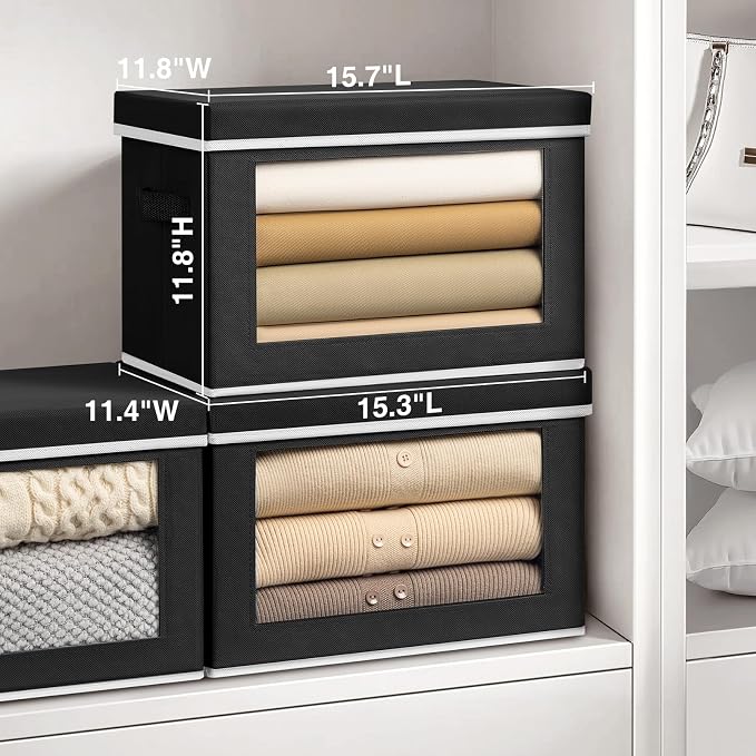 Homsorout Large Storage Bins with Lids - Fabric Storage Cubes with Window, Collapsible Bins for Clothes, 15.7 Inch Large Baskets for Bedroom, Dorm, Office, Black, 6 Pack - Image 2