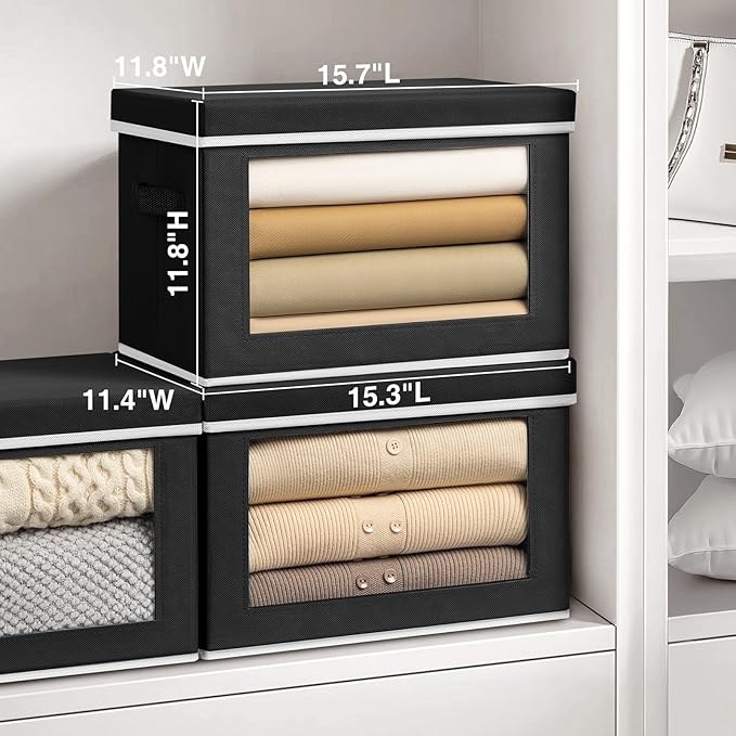 Homsorout Storage Bins with Lids, 3 Pack Large Storage Cubes with Window, Closet Bins with Lids & Handles, Fabric Box for Organizing Clothes, Towels, Books, Black - Image 2