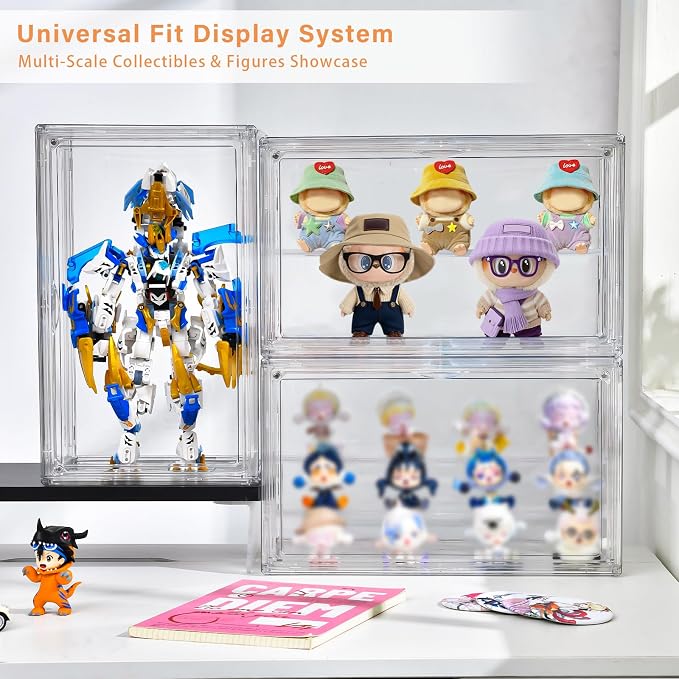 Freebat Clear Acrylic Display Case for Collectibles - 3-Tier Adjustable Figure Display with Magnetic Door & Removable Shelves,Stackable Dispaly box for Figures - 2 Pack - Image 2