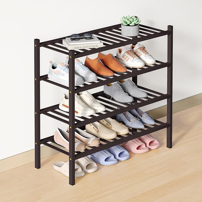 Smiry Bamboo Shoe Rack for Closet, 4 Tier Wooden Stackable Shoe Organizer, Free Standing Shoes Storage Shelf for Entryway, Front Door Entrance, Brown by Smiry