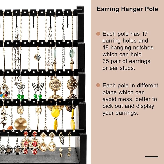 Pinzoveco Earring Organizer, 5 Layer Earring Holder Organizer with Metal Necklace Holder Pole, Rustic Wood Jewelry Organizer Stand Display for Stud Earring Bracelet Necklace Ring, 175 Earring Holes - Image 3