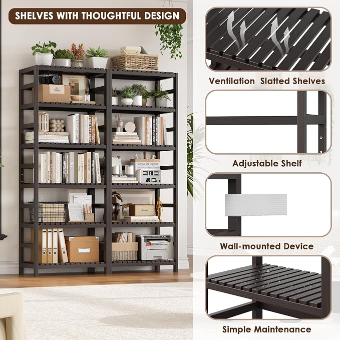 FOTOSOK 6-Tier Bamboo Shelf, Bamboo Bookcase with Adjustable Shelves, Free Standing Storage Shelf Unit, Plant Flower Stand for Kitchen, Bathroom, Home Office, Vintage - Image 6