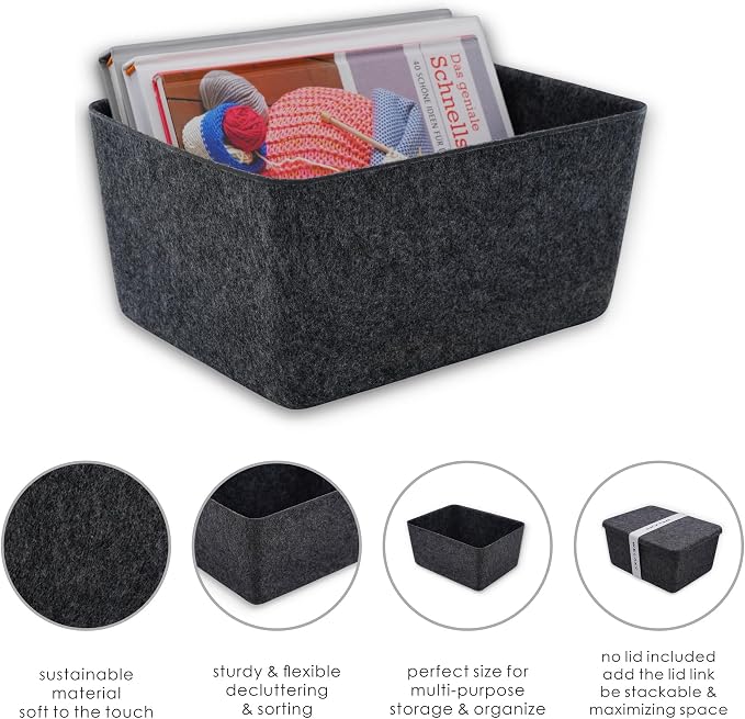 Welaxy Felt Storage Bin, Deep Wide Drawer Organizer Caddy for Makeup, Jewelry, Stationery, Closet & Bathroom, Minimalist Storage Box (Charcoal Bin, M) - Image 6