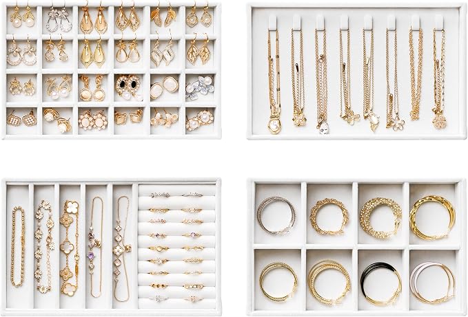 Velvet Jewelry Drawer Organizer Trays – White Stackable Jewelry Storage Inserts Set, 4-Layer Jewelry Tray Set for Earrings, Rings, Necklaces, Bracelets with Removable Dividers for Dresser & Vanity by pickpiff