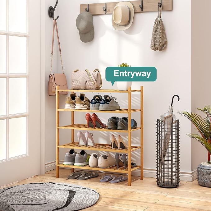 viewcare 5-Tier Bamboo Shoe Rack for Entryway, Stackable | Foldable | Natural, Shoe Organizer for Hallway Closet, Standing Shoe Racks for Indoor Outdoor - Image 4